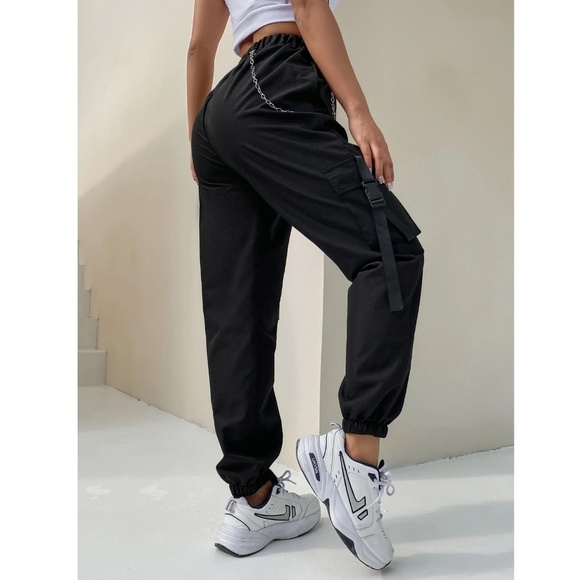 Black Cargo Pants Drawstring Pockets - Picture 3 of 8